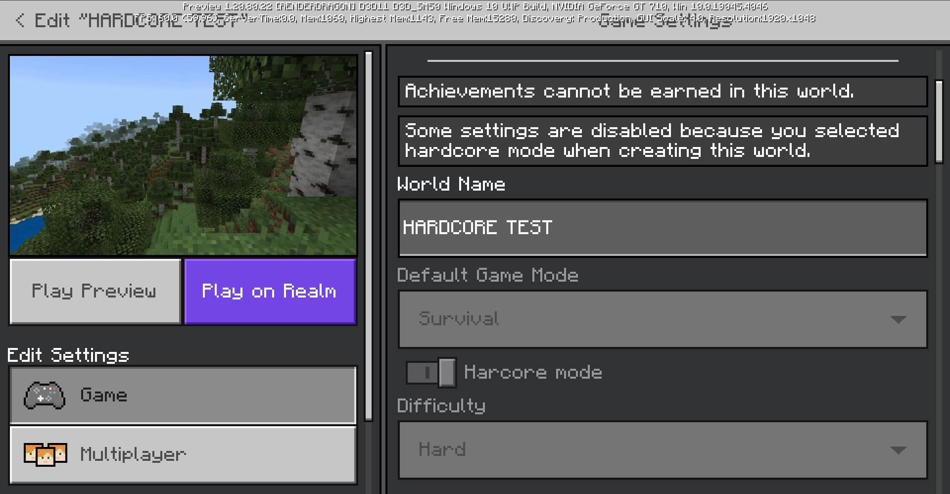 Hardcore Mode Locked v1.20.80.22 (On) in Minecraft
