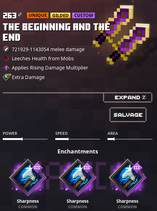 Four sharpness enchantments in Minecraft