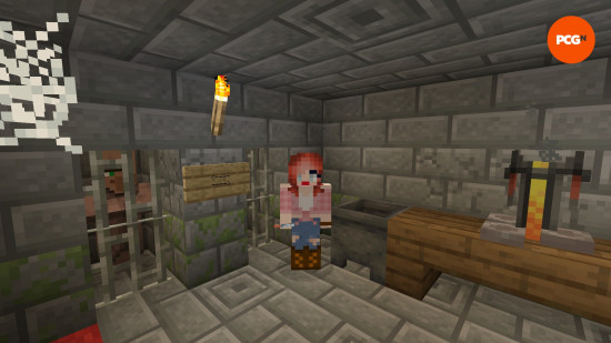 Browser tab showing a 3D Minecraft world rendered by prismarine-web-client with blocks and player entities