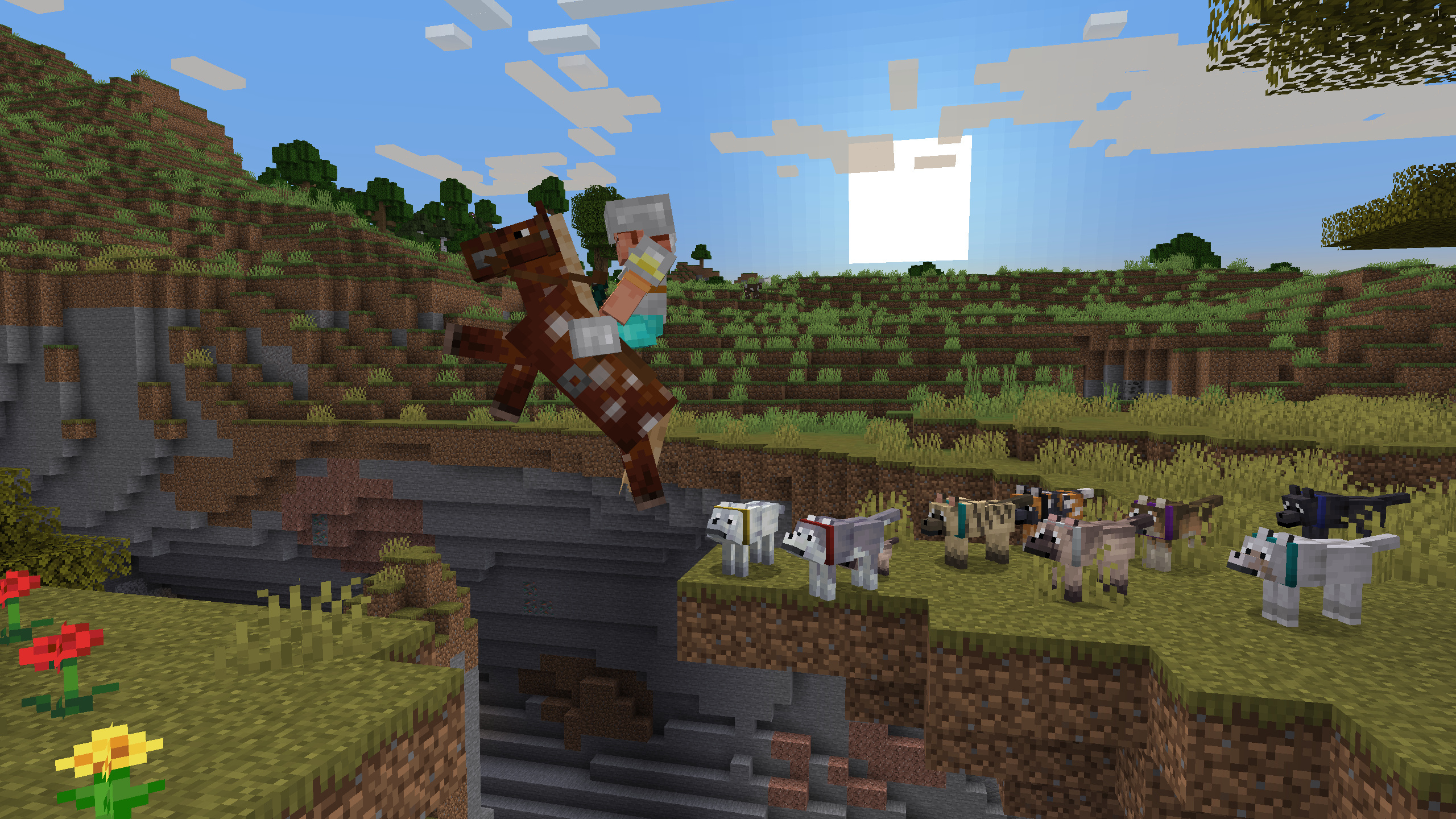 Ari leads pack of wolves over ravine using a horse in Minecraft