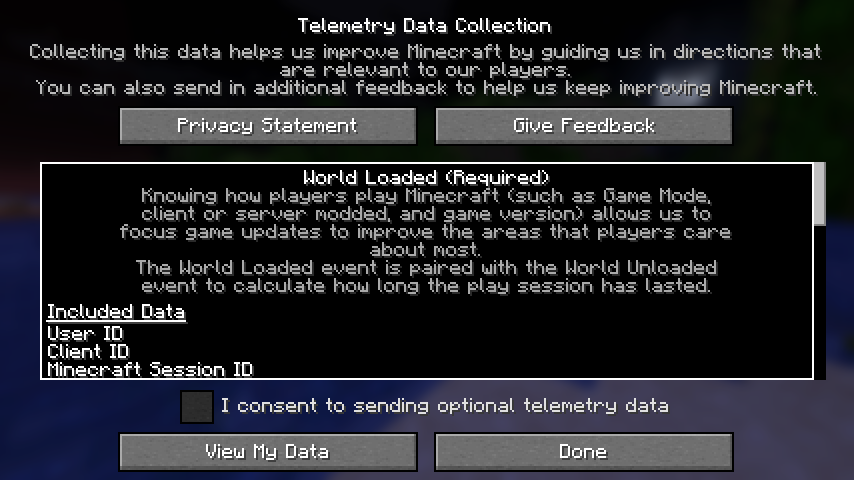 Telemetry Data Collection screen in Minecraft