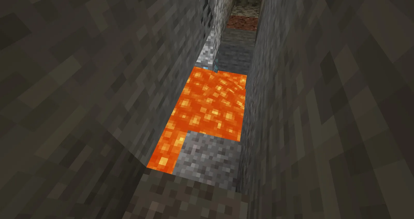Minecraft player mining deep underground for diamonds with pickaxe and torches