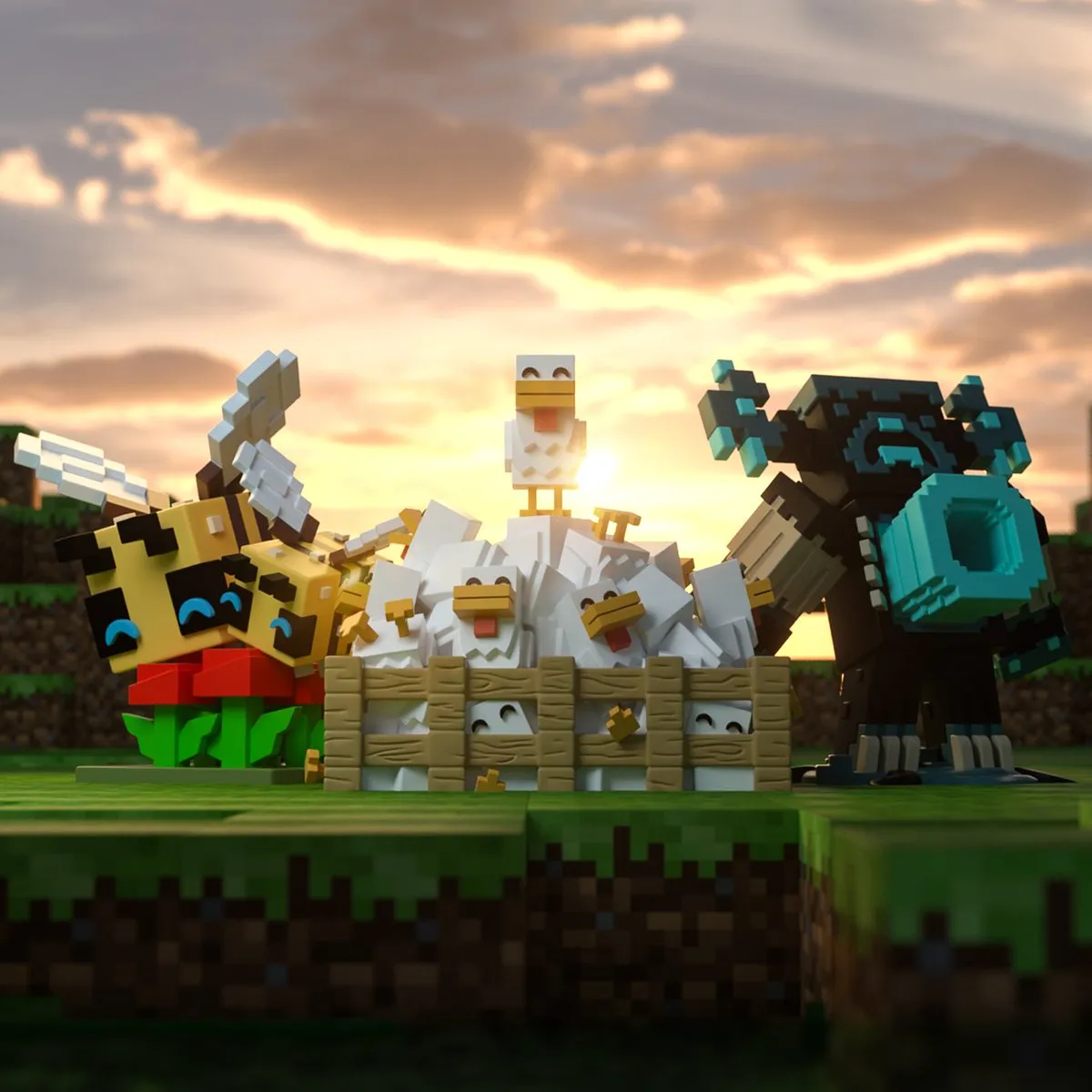 Minecraft warden surrounded by sculk blocks, dropping glowing sculk catalysts
