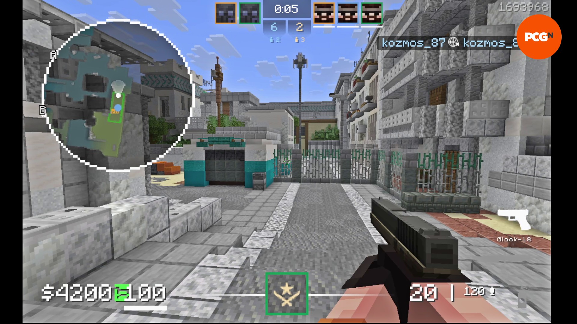 Minecraft player mining clay blocks from riverbed in shallow water near mangrove trees