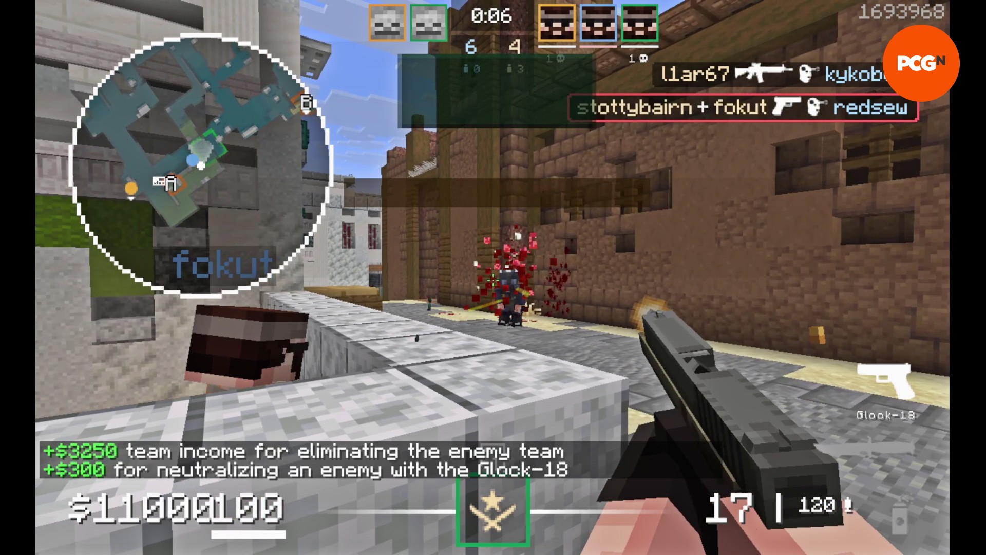 Minecraft player mining clay blocks from riverbed in shallow water near mangrove trees