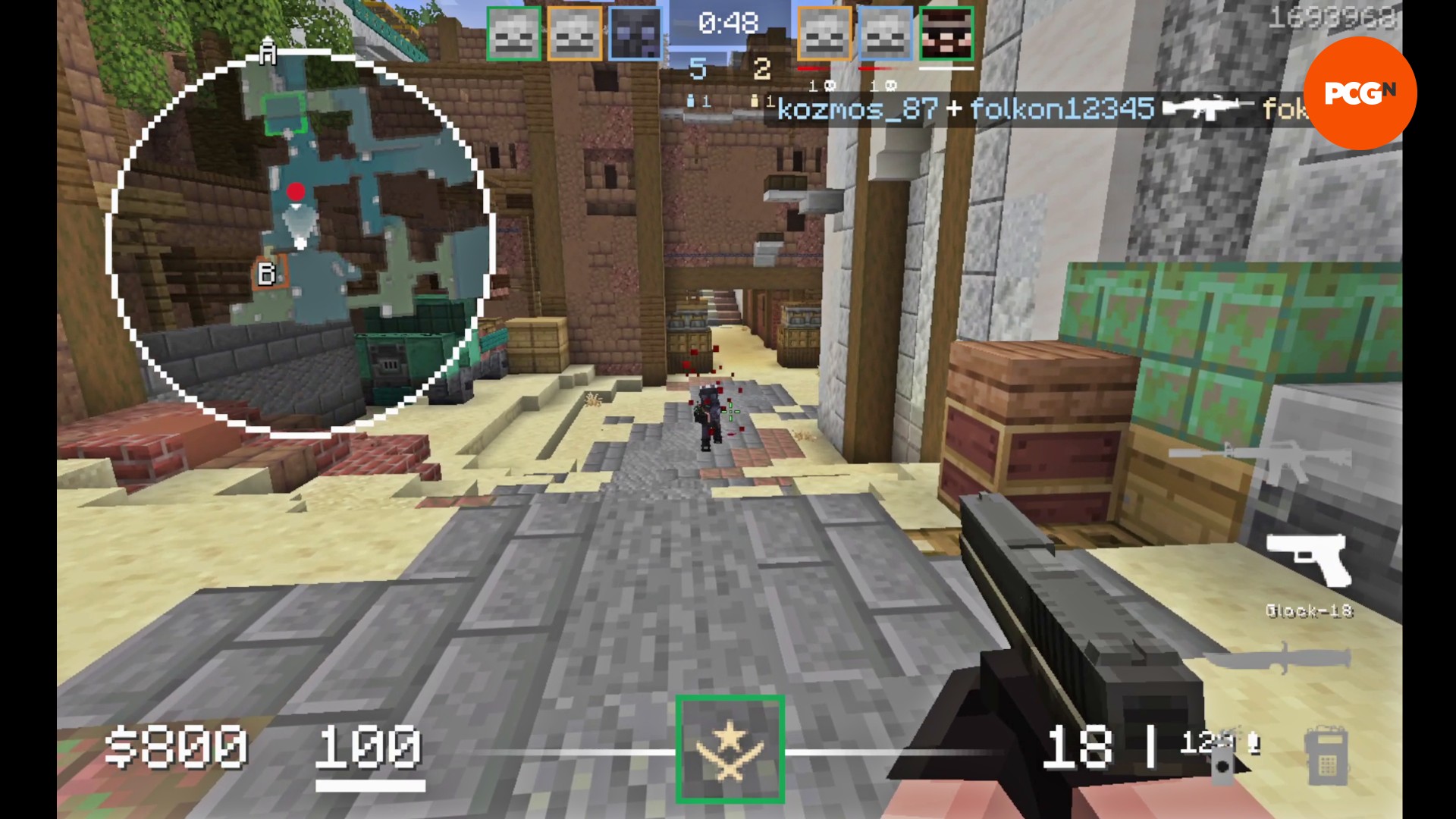 Minecraft player mining clay blocks from riverbed in shallow water near mangrove trees