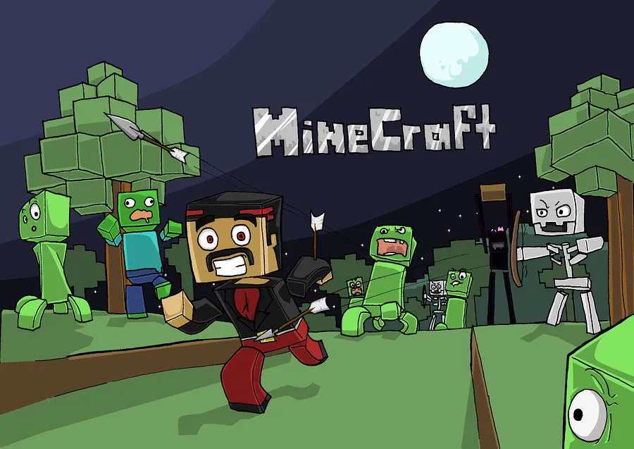 Minecraft player building structures near farming area with animals and mine entrance
