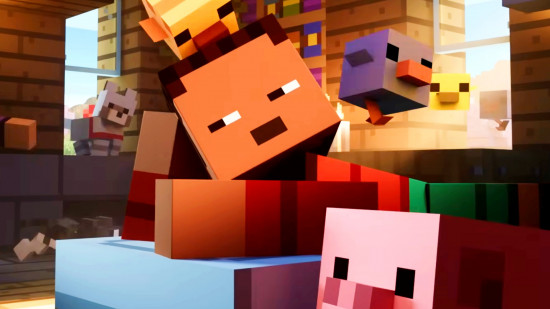 Minecraft player building structures near farming area with animals and mine entrance