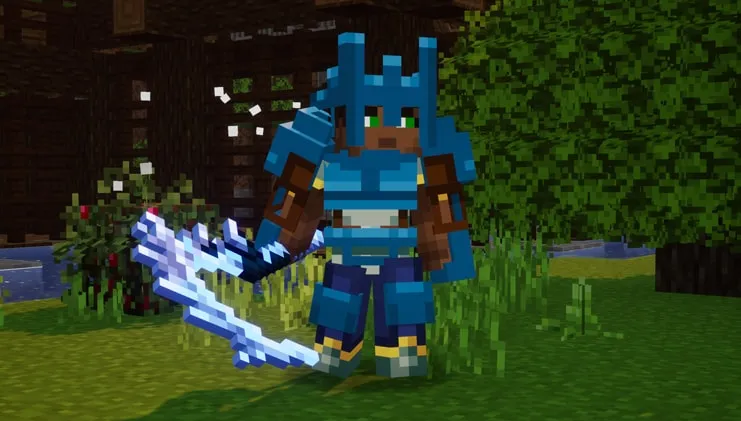 Minecraft player holding enchanted diamond sword and armor in underground dungeon with glowing enchantment effects
