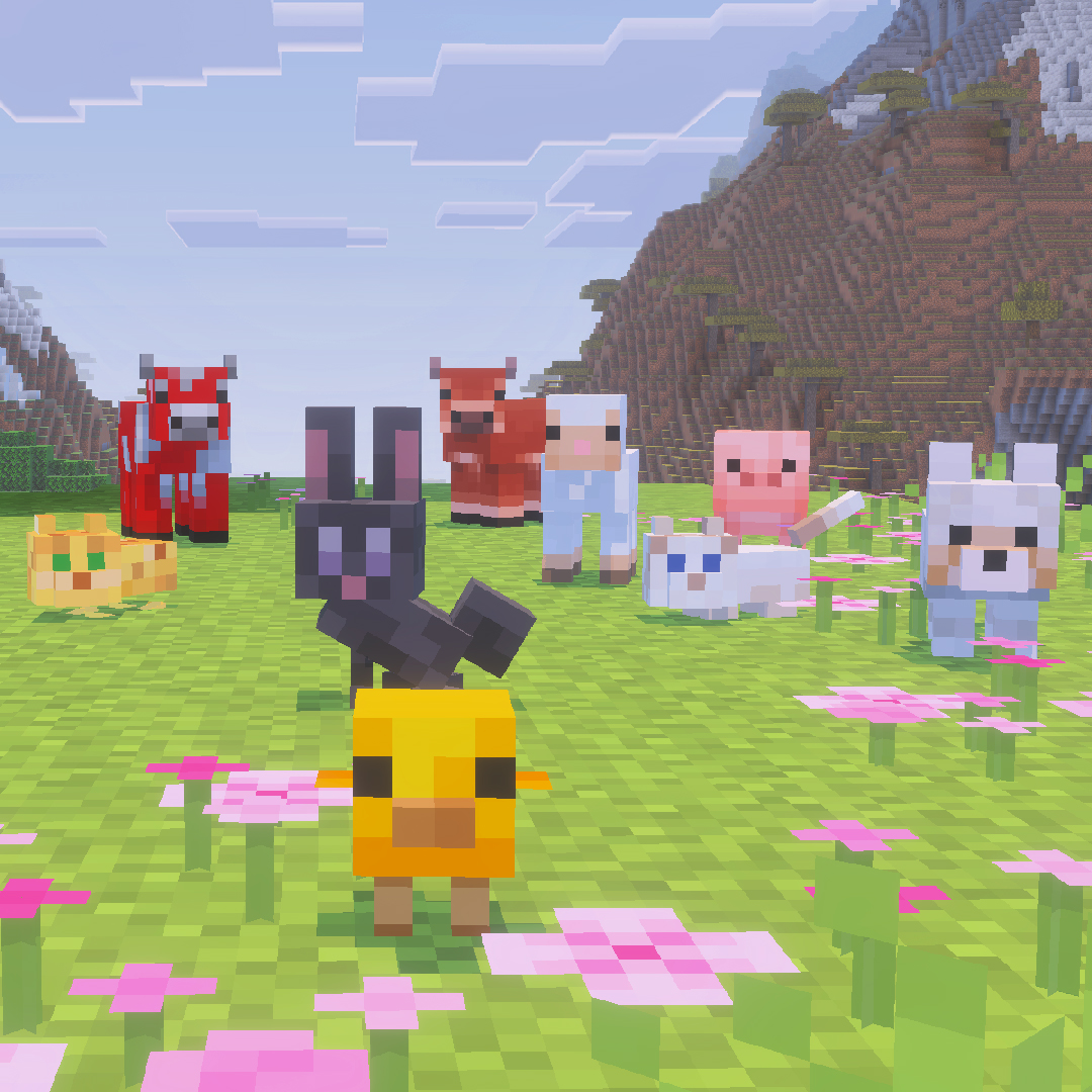 Baby animals in a cherry grove 3 in Minecraft