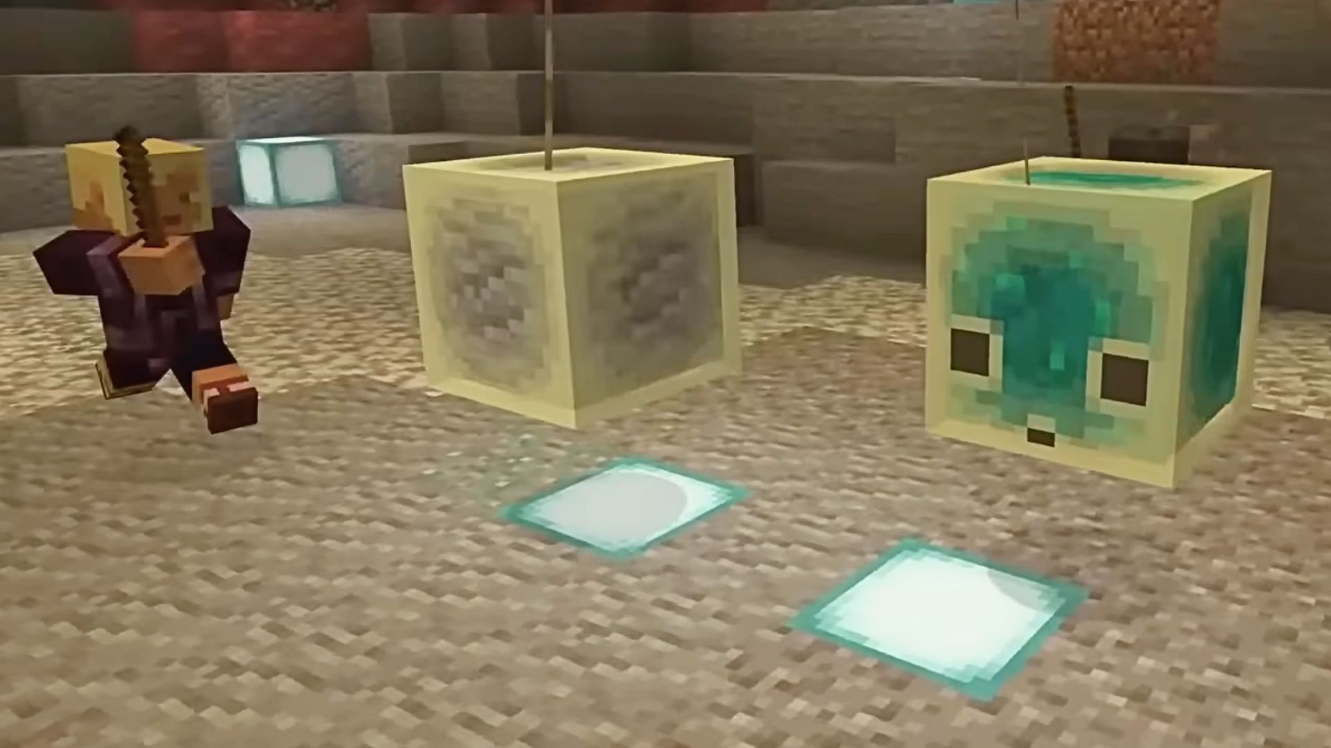 Minecraft player in combat armor facing opponent with swords drawn in PvP arena