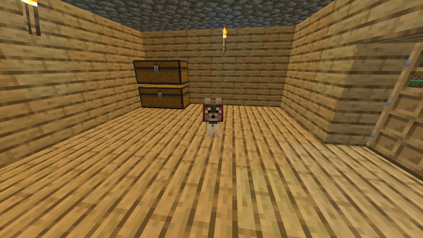 Прирученный волк в лесу в Minecraft