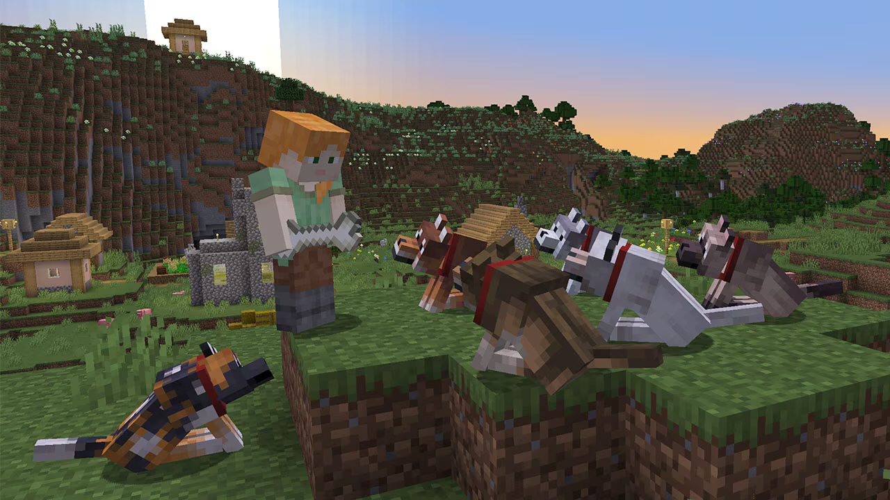 Alex amongst wolves in Minecraft