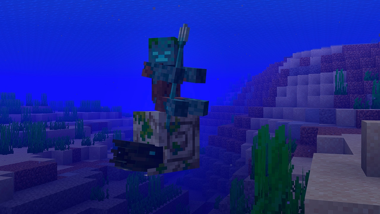 Ahogado cabalgando un Nautilus zombie en Minecraft