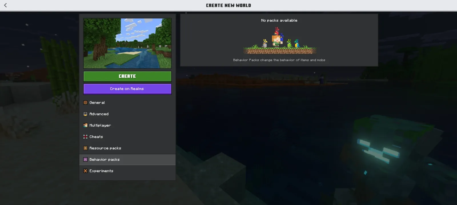 Ore UI Create New World Screen Menu "Behavior Packs" Tab Settings (Bedrock) in Minecraft