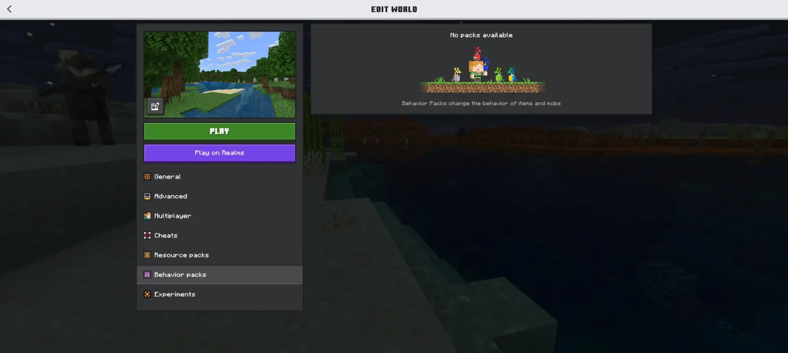 Ore UI Edit World Screen Menu "Behavior Packs" Tab Settings (Bedrock) in Minecraft