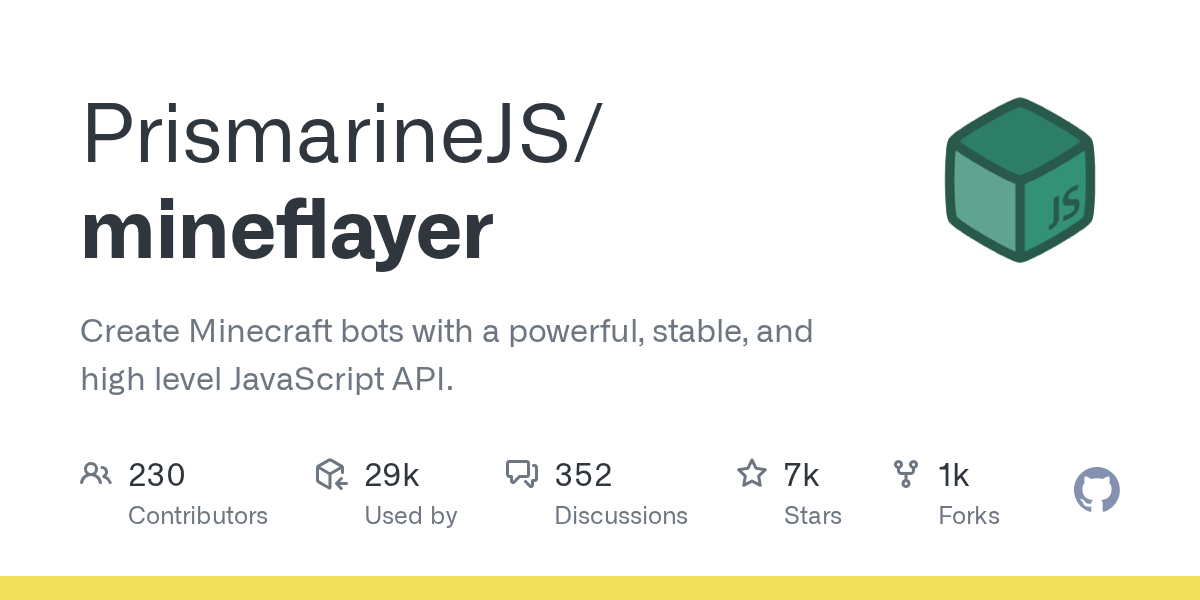 GitHub project card for PrismarineJS/mineflayer