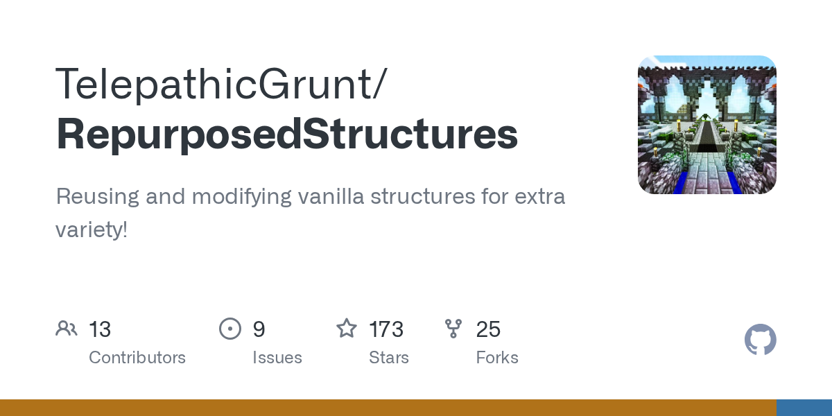 GitHub project card for TelepathicGrunt/RepurposedStructures