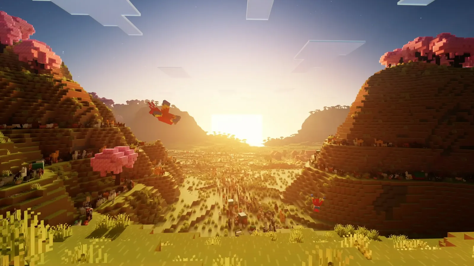 Bioma de pradera de Minecraft con flores coloridas, nidos de abejas en árboles y estructuras de cabañas de madera