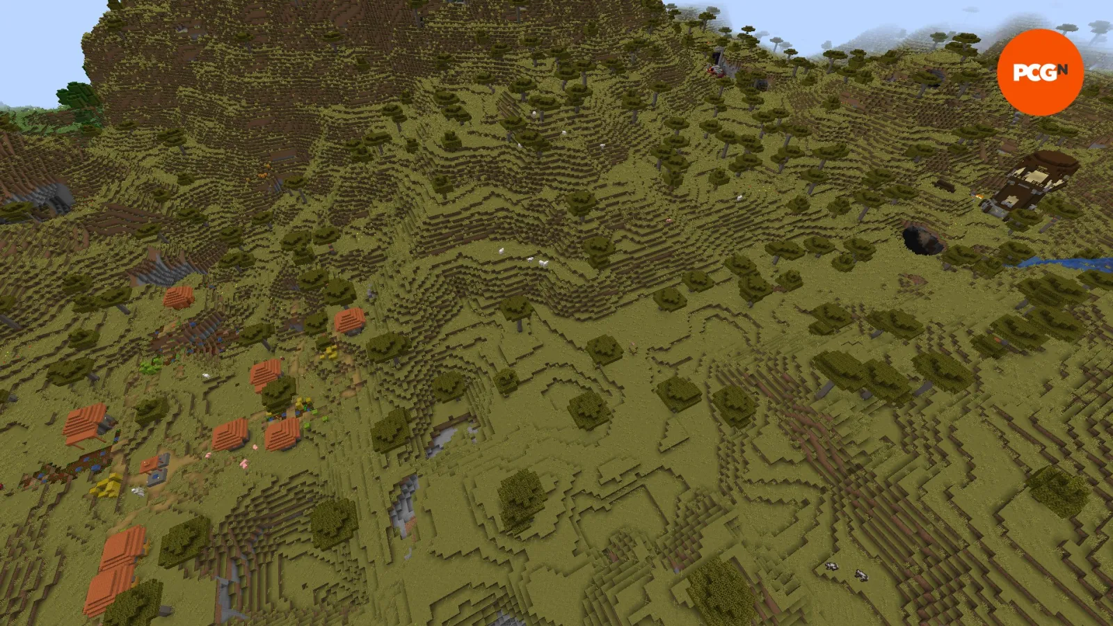 Bioma de pradera de Minecraft con flores coloridas, nidos de abejas en árboles y estructuras de cabañas de madera
