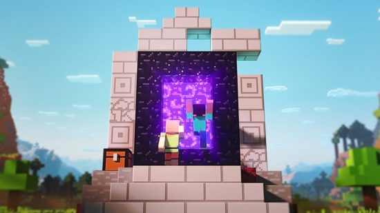 Minecraft Nether landscape showing crimson forest, lava lake, and dangerous mobs