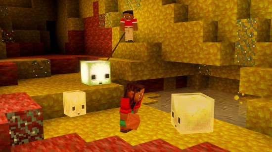 Minecraft Nether landscape showing crimson forest, lava lake, and dangerous mobs