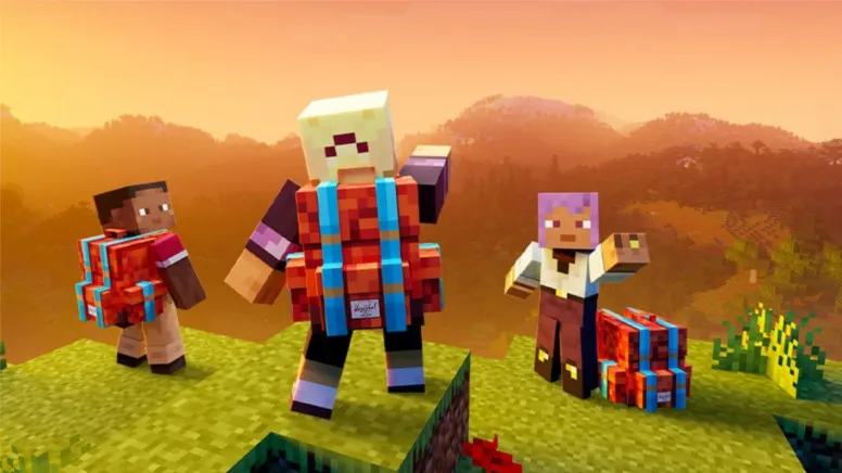 Minecraft player equipped with Herschel backpack showing creeper and enderman themed designs