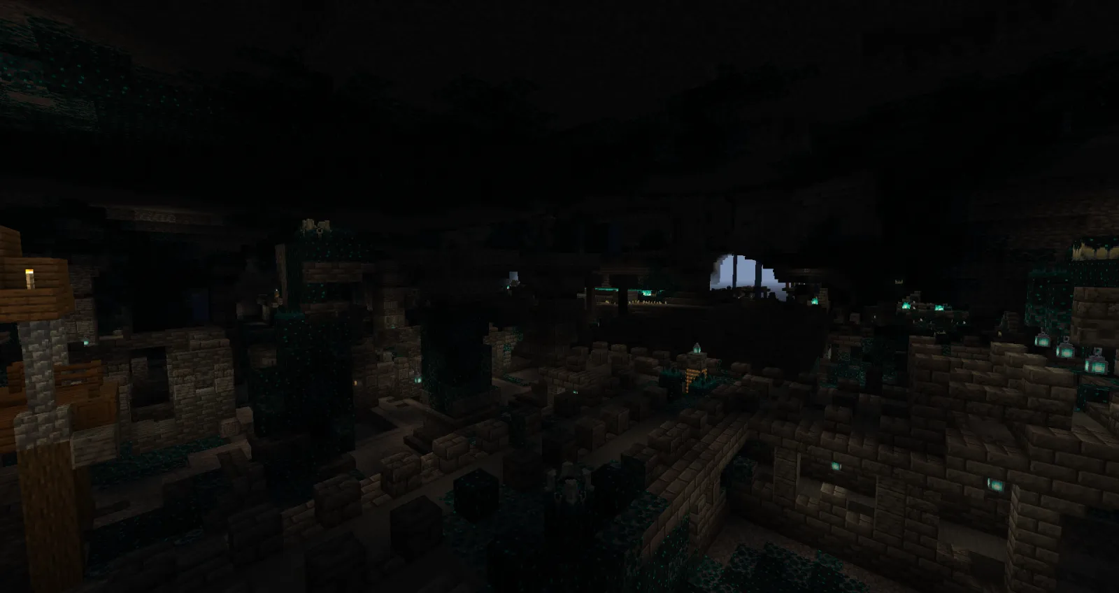 Minecraft greenhouse with glass panels containing rows of crops and plants