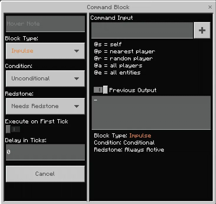 Bedrock Command Block GUI in Minecraft