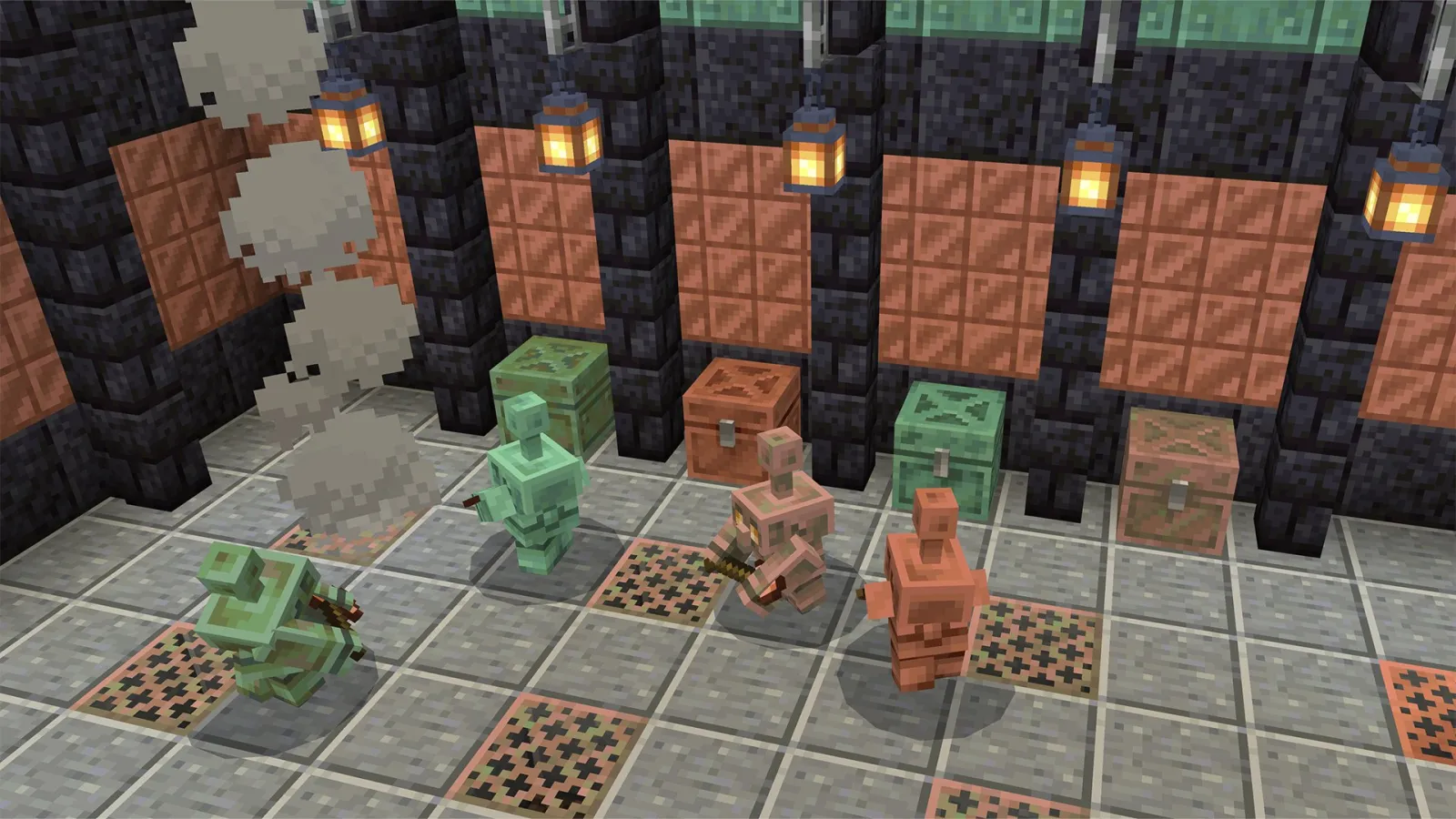 The Copper Age copper golem oxidation stages in Minecraft