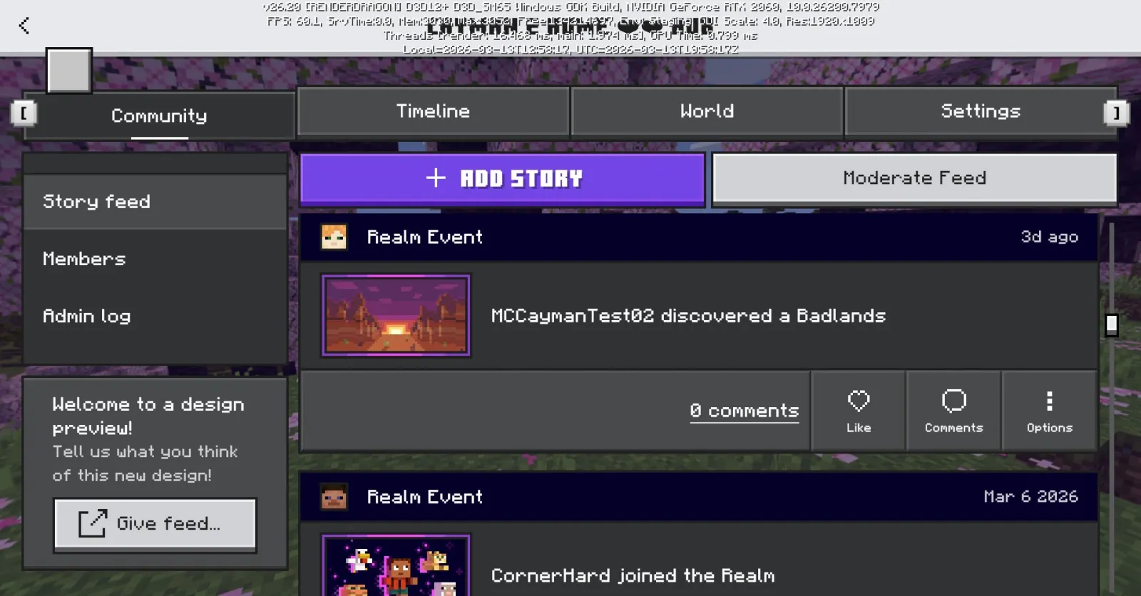Ore UI development realms hub screen "community" tab in Minecraft