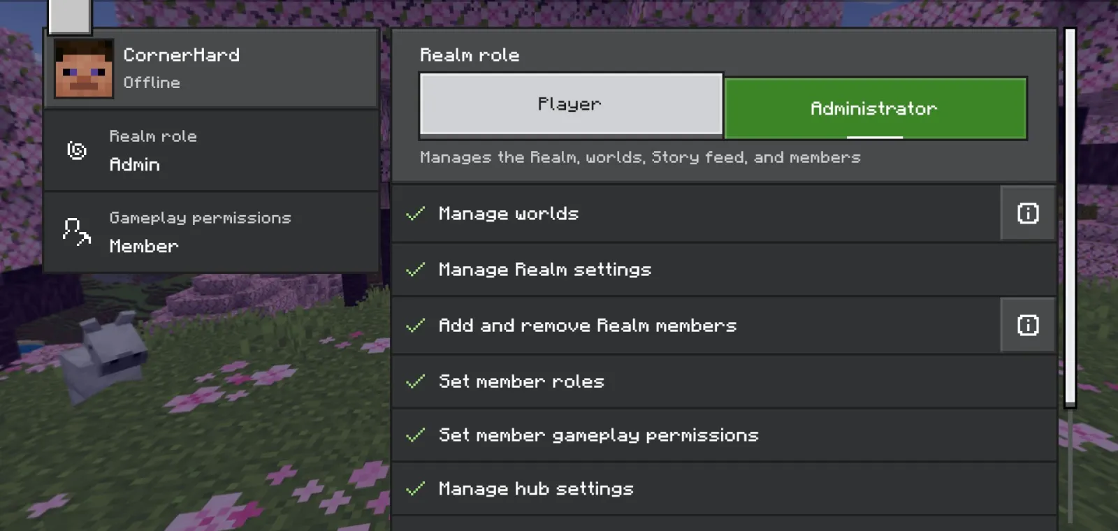 Ore UI development realms owner screen in Minecraft