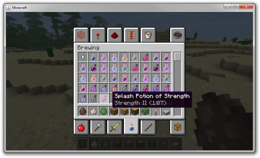 Minecraft brewing stand with potion bottles and ingredients for alchemy