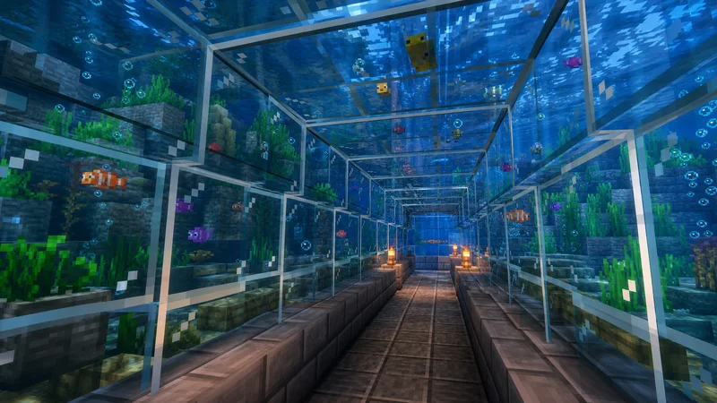 Minecraft glass building with clear, properly rendered transparent blocks without visual artifacts