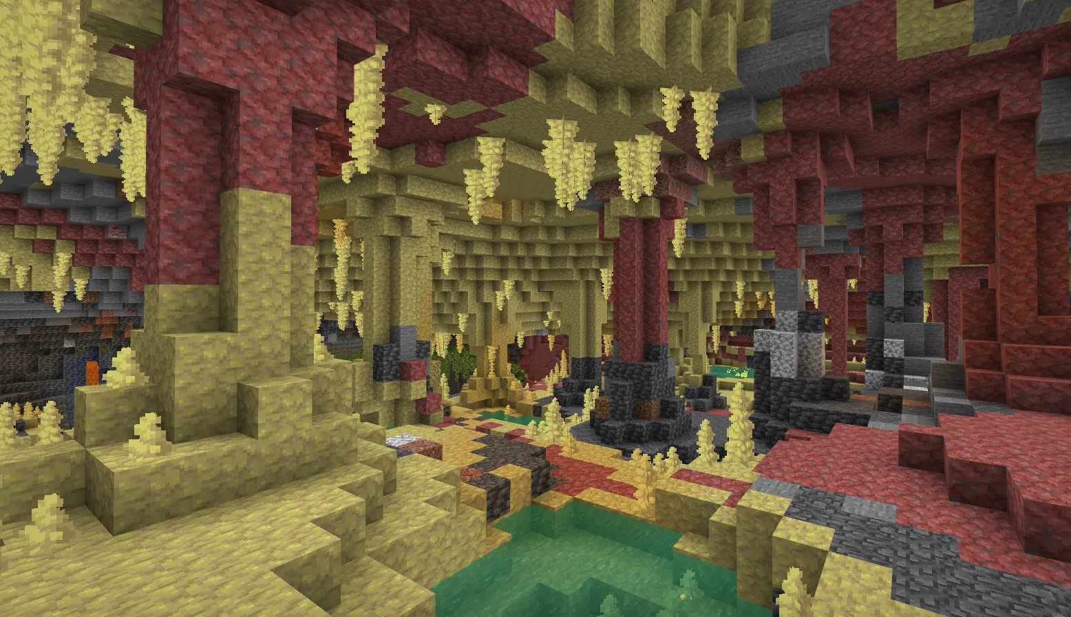 Underground Sulfur Caves biome with yellow sulfur spikes, red cinnabar walls, teal-green pools, and yellow-green fog