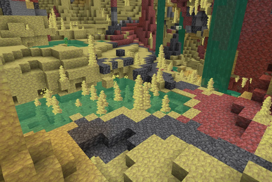 Underground Sulfur Caves biome with yellow sulfur spikes, red cinnabar walls, teal-green pools, and yellow-green fog