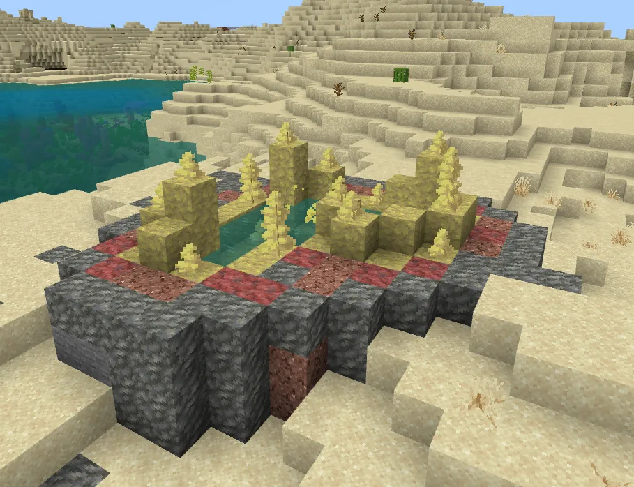 Underground Sulfur Caves biome with yellow sulfur spikes, red cinnabar walls, teal-green pools, and yellow-green fog