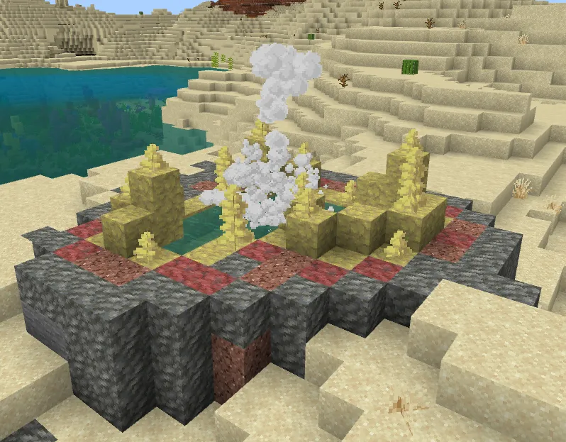 Underground Sulfur Caves biome with yellow sulfur spikes, red cinnabar walls, teal-green pools, and yellow-green fog