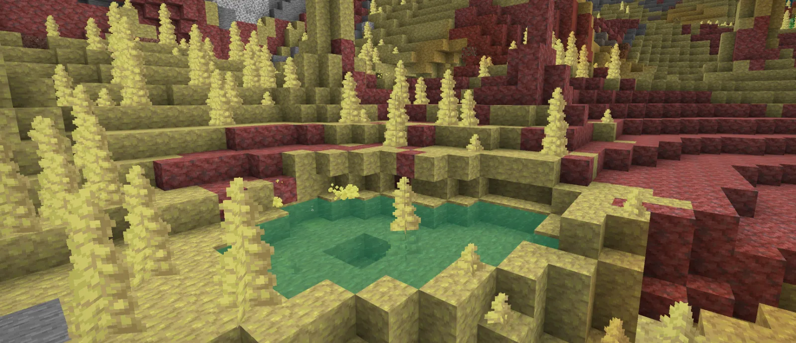 Underground Sulfur Caves biome with yellow sulfur spikes, red cinnabar walls, teal-green pools, and yellow-green fog