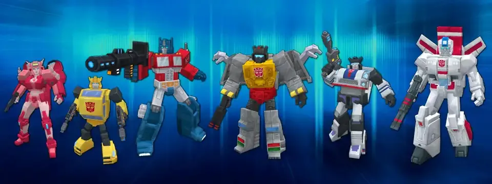 Minecraft gameplay showing Optimus Prime transforming into truck mode with Autobots and Decepticons battling in blocky world