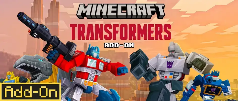 Minecraft gameplay showing Optimus Prime transforming into truck mode with Autobots and Decepticons battling in blocky world