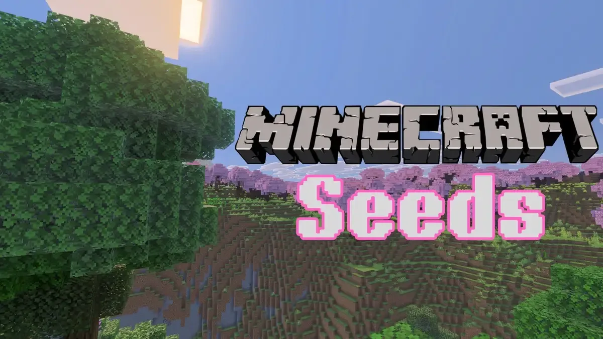 A scenic Minecraft landscape showing a cherry blossom forest bordering a snowy mountain range