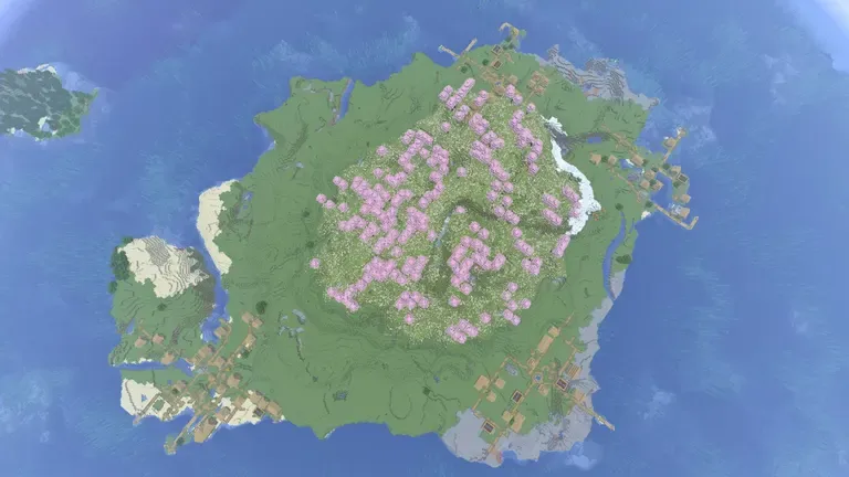 A scenic Minecraft landscape showing a cherry blossom forest bordering a snowy mountain range