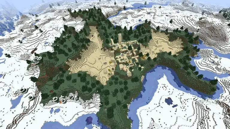 A scenic Minecraft landscape showing a cherry blossom forest bordering a snowy mountain range