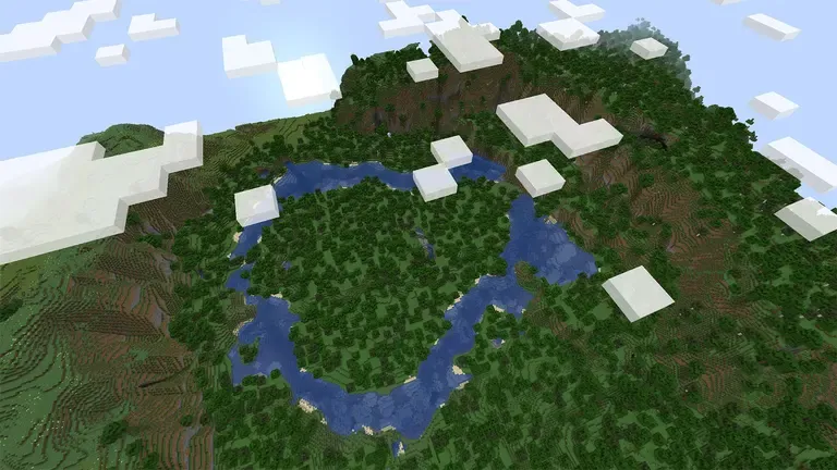 A scenic Minecraft landscape showing a cherry blossom forest bordering a snowy mountain range