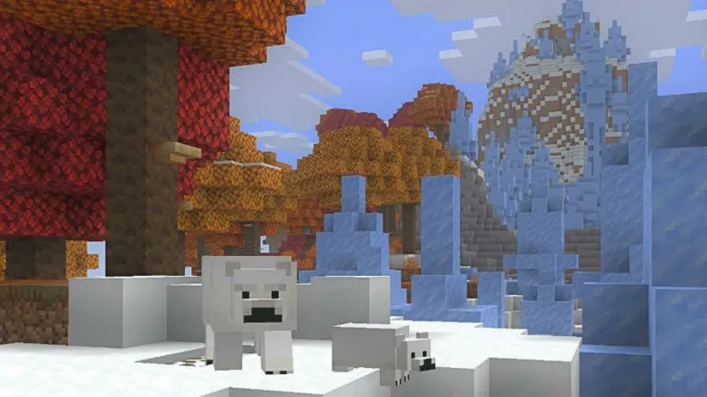Моб Drowned из Minecraft под водой держит трезубец рядом с коралловым рифом