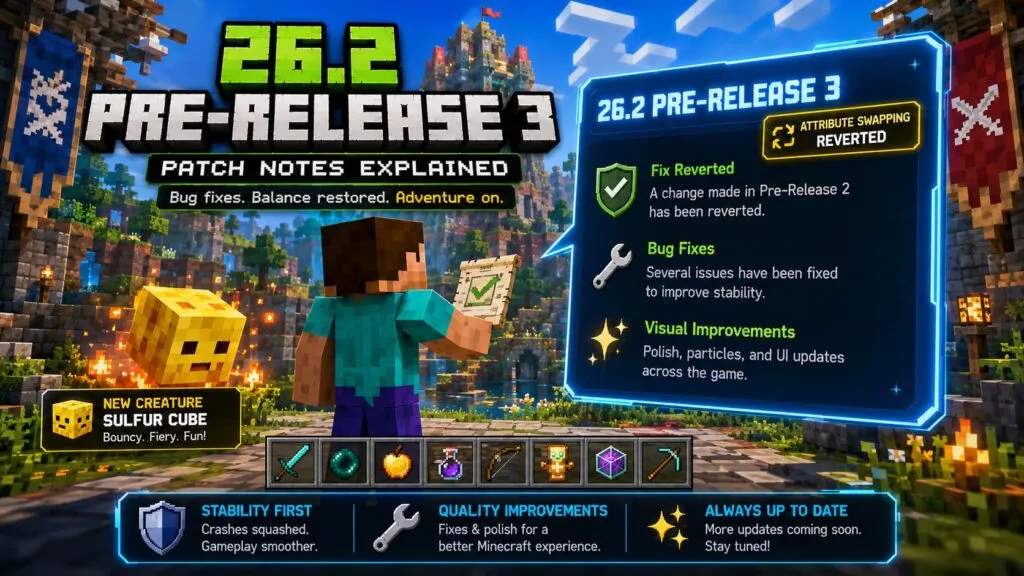 Minecraft launcher showing 26.3 release candidate installation option with snapshots enabled