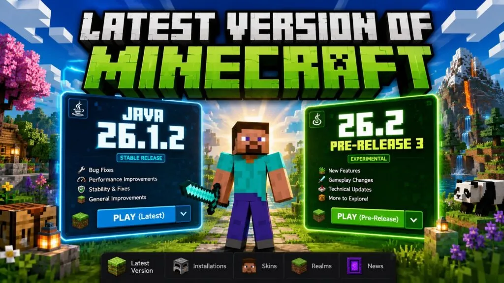 Minecraft launcher showing 26.3 release candidate installation option with snapshots enabled