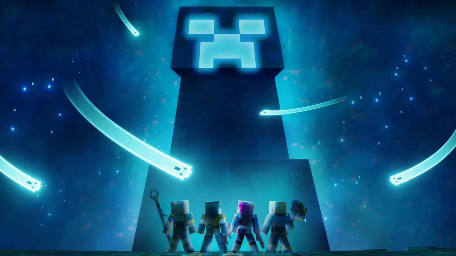 Giant blue creeper towering over players at a Tokyo Game Show Minecraft booth