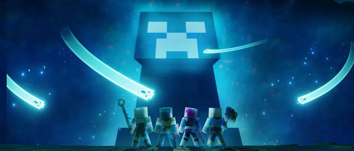 Giant blue creeper towering over players at a Tokyo Game Show Minecraft booth